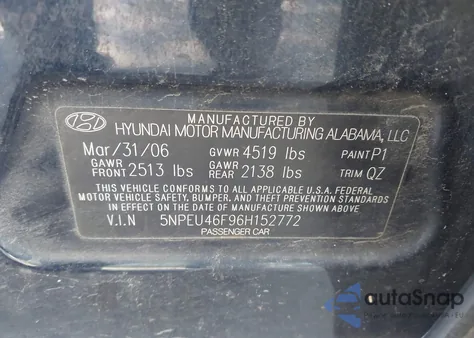 2006 Hyundai Sonata Gls V6/Lx V6 z USA, uszkodzony, nr VIN 5NPEU46F96H152772